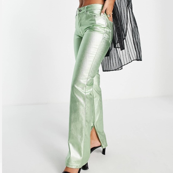 ASOS Design Mid Rise 90’s Straight leg metallic Green Jeans - Picture 3 of 14